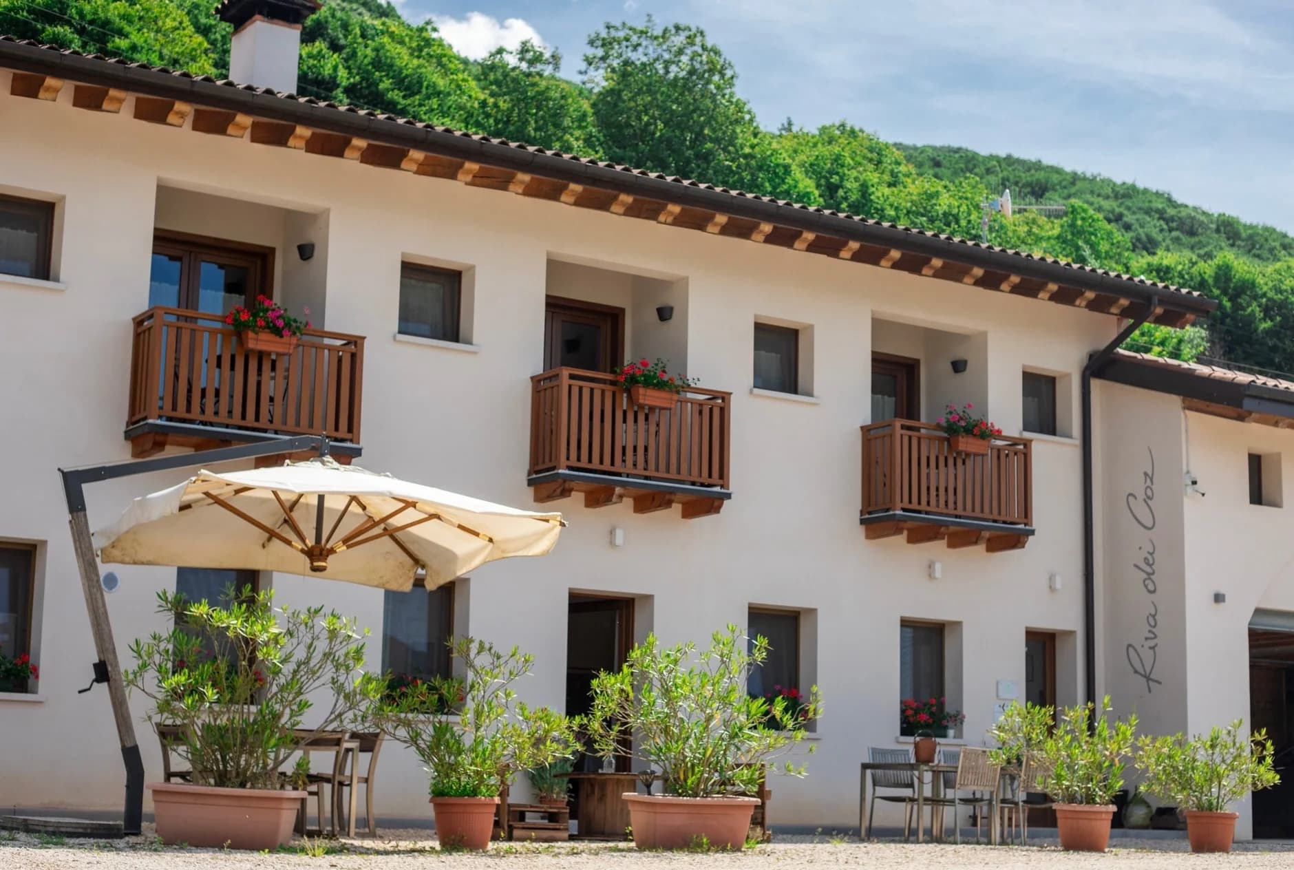 Panoramic view of the Riva dei Coz farmhouse and the Dolomites
